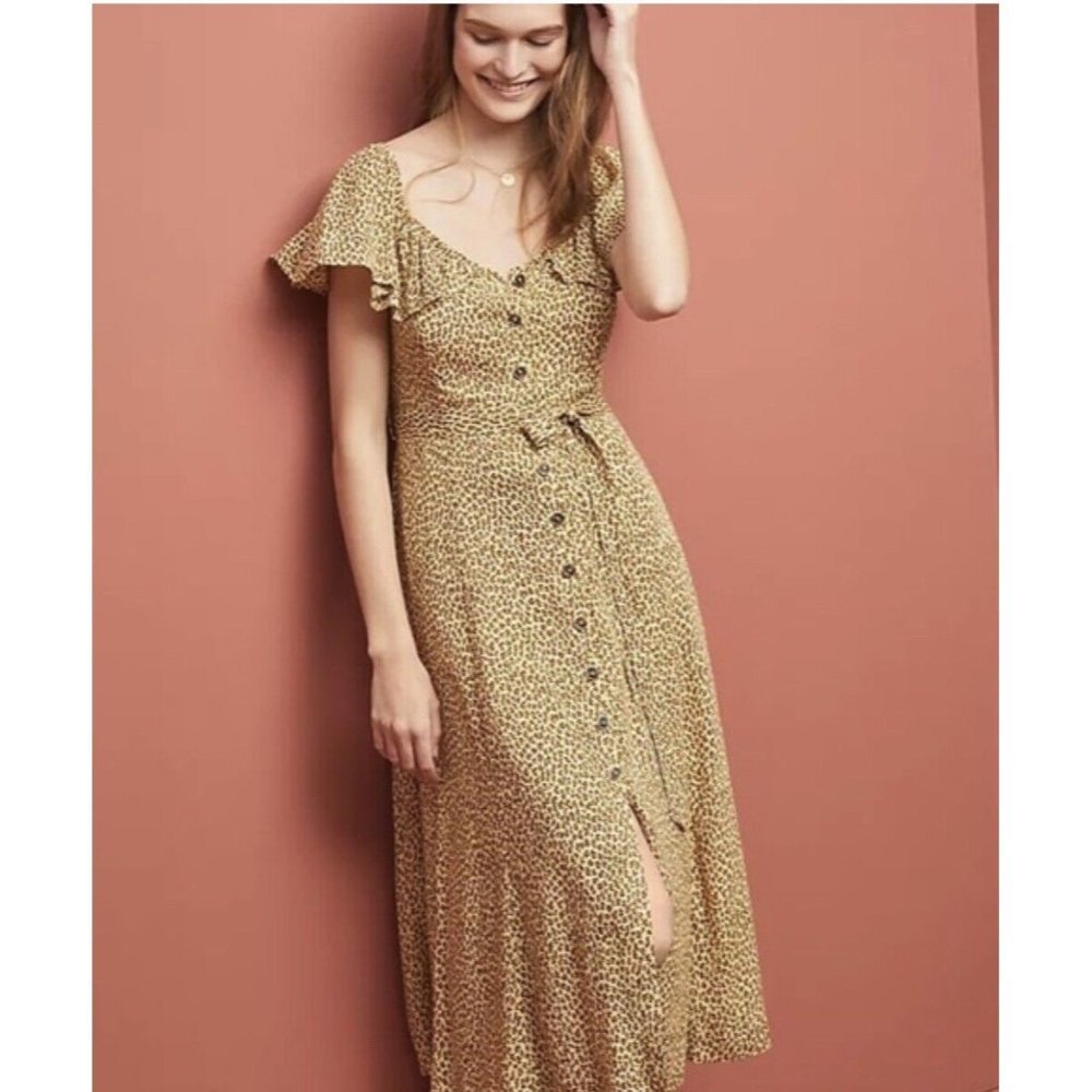 Anthropologie Yellow Floral Button-Front Midi Dress